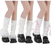 Auroriel 3 Pezzi Calze Gresciature Carine per Ragazze Y2K Lolita Stile Balletto Righe Bows Calzini Caldi e Morbidi Modesti Accessori per Inverno Regalo per Adolescenti