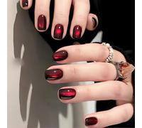 Auroriel 30 Pezzi Unghie Finte a Forma Coffin Corte Occhio di Gatto Rosso Scuro Nero Glitter Riutilizzabili Soft Gel Unghie Finte con Decorazioni Bling per Donna