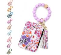 Aurorize Boho Beaded Wallet with Flower Pattern, Women's Boho Style Beaded Tassel Keychain Wallet, Wristlet wallets Card Holder Purse (Purple)