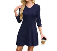 AUSELILY Abiti Donna Maniche Lunghe Abito Invernale con Scollo V Vestito Elegante Autunnali Casual Blu Navy M