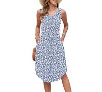 AUSELILY Abiti Estivi Donna Senza Maniche con Coulisse Abito da Spiaggia Girocollo Lunghezza al Ginocchio Vestitino Midi Elegante Abito Casual con Tasche Fiori Blu Grigio L