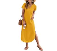 AUSELILY Abito estivo da donna, a maniche corte, con scollo a V, abito da spiaggia con spacco laterale per le vacanze, giallo., XXL