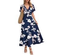 AUSELILY Abito Lungo da Donna Italia, Abito Elegante a Maniche Corte a Collo a V, Abito Estivo con Tasche Fiore Zaffiro XL