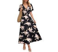 AUSELILY Abito Lungo da Donna Italia, Abito Elegante a Maniche Corte a Collo a V, Abito Estivo con Tasche Bella di Giorno M