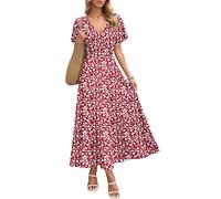 AUSELILY Abito Lungo da Donna Italia, Abito Elegante a Maniche Corte a Collo a V, Abito Estivo con Tasche Fiori Rossi S