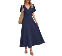 AUSELILY Abito Lungo da Donna Italia, Abito Elegante a Maniche Corte a Collo a V, Abito Estivo con Tasche Blu Navy L