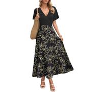 AUSELILY Abito Lungo da Donna Italia, Abito Elegante a Maniche Corte a Collo a V, Abito Estivo con Tasche Foglia Oro Nero S