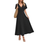 AUSELILY Abito Lungo da Donna Italia, Abito Elegante a Maniche Corte a Collo a V, Abito Estivo con Tasche Nero 2XL