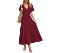 AUSELILY Abito Lungo da Donna Italia, Abito Elegante a Maniche Corte a Collo a V, Abito Estivo con Tasche Rosso Vino 2XL