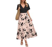 AUSELILY Abito Lungo da Donna Italia, Abito Elegante a Maniche Corte a Collo a V, Abito Estivo con Tasche Floreale Marrone Nero 2XL
