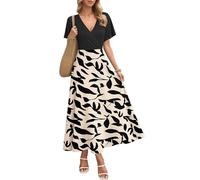 AUSELILY Abito Lungo da Donna Italia, Abito Elegante a Maniche Corte a Collo a V, Abito Estivo con Tasche Foglie Nere Albicocca L