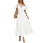 AUSELILY Abito Lungo da Donna Italia, Abito Elegante a Maniche Corte a Collo a V, Abito Estivo con Tasche Bianco XL