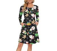 AUSELILY Manica Lunga delle Donne Piegheggiato Loose Swing Abito Casual con Tasche Lunghezza al Ginocchio Babbo Natale e Angelo L