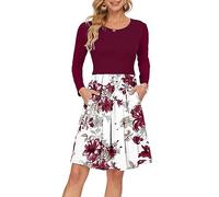 AUSELILY Manica Lunga delle Donne Piegheggiato Loose Swing Abito Casual con Tasche Lunghezza al Ginocchio Fiore Rosso Bianco L