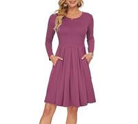 AUSELILY Manica Lunga delle Donne Piegheggiato Loose Swing Abito Casual con Tasche Lunghezza al Ginocchio Malva L