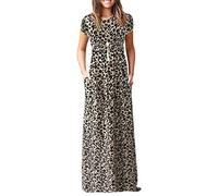 AUSELILY Maxi Abito per Donna Estate Casual Vestito a Maniche Corte per Gonna Lunga con Tasche Leopardo XL