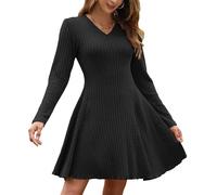 AUSELILY Vestito Donna Elegante Luce Abito Maniche Lunghe Autunno Invernale Scollo a V A Line Vestiti Nero L