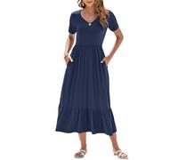 AUSELILY Vestito Estivo da Donna Abito Lungo a Maniche Corte Abito Lungo da Donna Abito Estivo da Spiaggia con Scollo a V e Vita Impero con Tasche Blu Navy S