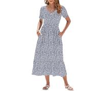 AUSELILY Vestito Estivo da Donna Abito Lungo a Maniche Corte Abito Lungo da Donna Abito Estivo da Spiaggia con Scollo a V e Vita Impero con Tasche Navy Floreale L