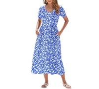 AUSELILY Vestito Estivo da Donna Abito Lungo a Maniche Corte Abito Lungo da Donna Abito Estivo da Spiaggia con Scollo a V e Vita Impero con Tasche Blu Floreale bianco00 L