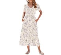 AUSELILY Vestito Estivo da Donna Abito Lungo a Maniche Corte Abito Lungo da Donna Abito Estivo da Spiaggia con Scollo a V e Vita Impero con Tasche Floreale Viola Beige L