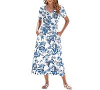 AUSELILY Vestito Estivo da Donna Abito Lungo a Maniche Corte Abito Lungo da Donna Abito Estivo da Spiaggia con Scollo a V e Vita Impero con Tasche