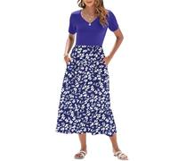 AUSELILY Vestito Estivo da Donna Abito Lungo a Maniche Corte Abito Lungo da Donna Abito Estivo da Spiaggia con Scollo a V e Vita Impero con Tasche Floreale Blu Bianco XL