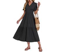 AUSELILY Vestito Lungo Estivo Donna Manica Corta a Volant Scollo V Vestito da Mare Spiaggia Lungo Abito Casual Elegante con Tasche Nero XXL