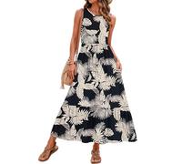 AUSELILY Vestito Lungo Estivo Donna Senza Maniche Vestito Donna Estivo Scollo Rotond Mare Spiaggia Lungo Abito Casual con Tasche Foglia Foresta Pluviale M