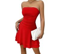 Ausing Abito Aderente con Spalle Scoperte Donna Sexy Vestito Discoteca Corto Abiti Party Cocktail Elegante Mini Tubino Senza Spalline Maniche Schienale Abito Increspato Attillato Bodycon Sera Rosso S