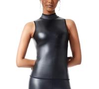 Ausing Crop Top in pelle, senza maniche, da donna, in similpelle, maglietta in lattice, slim fit, per rave, party, club, notte, look bagnato, XS-2XL, Nero con mezzo colletto, XS