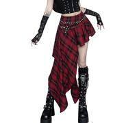 Ausing Donna Gonna Scozzese Lunga a Vita Alta Gonna a Pieghe Tartan Midi Pizzo Gotica Gonne Svasata Elastico in Vita Gonne Plaid da Plissettata Tulle Linea A Quadri Irregolare Ragazza Vintage Rosso M