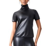 Ausing Maglietta da donna in similpelle a maniche corte, in lattice, a maniche corte, per rave, per feste, club, notte, look bagnato, XS-3XL, Nero con mezzo colletto, L