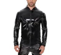 Ausing Top in Pelle Lucida da Uomo Top con Cerniera Cappotto in Pelle Aderente Uomo Top Giacca a Maniche Lunghe Camicia Clubwear Esotico Hippie Disco Party, Nero , L
