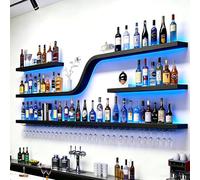 AUSKLEZU Cantinetta da Muro con LED, Portabottiglie Sospeso Design Industriale a Onda, Scaffale in Metallo a 3 Ripiani per Bottiglie e Calici, Arredo Moderno per Home Bar e Ristorazione (nero, 150cm)