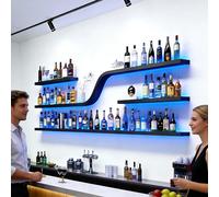 AUSKLEZU Cantinetta da Muro con LED, Portabottiglie Sospeso Design Industriale a Onda, Scaffale in Metallo a 3 Ripiani per Bottiglie e Calici, Arredo Moderno per Home Bar e Ristorazione (nero, 120cm)