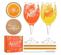 AuSletie Aperol - Set di 2 bicchieri da aperitivo per spruzzo, in vetro Aperol personalizzato, cannucce in vetro, sottobicchieri