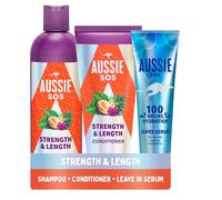 Aussie Strength & Length Shampoo, balsamo e super siero senza risciacquo, set di trattamento (confezione da 3). Idrata e rinforza i capelli lunghi, secchi e danneggiati. Liscia, ammorbidisce, districa