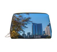 Austin Texas Print Premium Leather Toiletry Travel Pouch con sacchetto portatile impermeabile aperto piatto trucco borsa, Oro, taglia unica