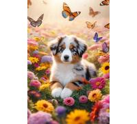 Australian Shepherd Puppy in a field of colorful flowers Notebook - Large 6 x 9 inches - 127 Pages