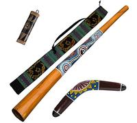 Australian Treasures - AT Pacchetto ''Dreamtime'': didgeridoo di legno 130cm - borsa - boomerang di legno 40cm - rainstick/shaker 20cm