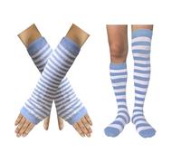 AUSUAYA Guanti a righe lunghi senza dita, da donna, invernali, lavorati a maglia, per punk rock e cosplay, feste di Halloween, GB-WM-S-G5, Z1 - Bianco e Azzurro - Guanti + Calze, Etichettalia unica