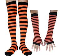 AUSUAYA Guanti lunghi senza dita da donna, a righe, caldi, scaldamuscoli invernali per punk rock, cosplay, feste gotiche WM-S-G5, Y Nero e Arancione - Guanti + Calze, Taglia unica