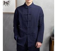 Autentico cappotto da uomo Tang - Giacca leggera in lino e cotone con colletto alla coreana, tinta unita, vestibilità regolare per l'uso quotidiano e le vacanze (L blu navy)