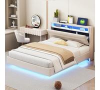 Autheria Letto Matrimoniale 140x200 cm con LED e USB, Letto una piazza e mezza con Spazio SullaTestiera e vano Portaoggetti, Letto Imbottito con rete a doghe, Struttura Letto Matrimoniale Beige