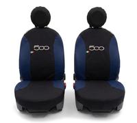 Auto Accessori Lupex - Coppia Coprisedili Anteriori Compatibili con 500, Fodere in Policotone con Ricamo Centrale, Set 6 Pezzi e Ganci, Made in Italy (Nero - Blu Scuro)
