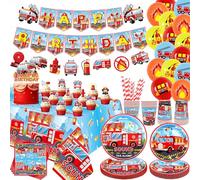 Auto dei pompieri per feste di compleanno, decorazioni per auto dei pompieri, accessori per feste, piatti, tazze, tovaglioli, tovaglia, buon compleanno, striscione di palloncini per torte