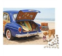 Auto d'epoca in gita al mare, auto blu colorata con cane in spiaggia, puzzle da 1000 pezzi per adulti, splendidamente illustrato, stimolante, 70x50 cm/1000 pezzi
