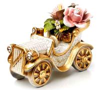 Auto d'epoca in Porcellana Capodimonte Soprammobile foglia Oro con Fiori rosa +
