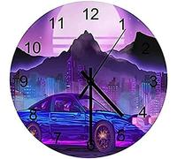 Auto JDM Rx7 Synthwave Vaporwave Orologio da parete in legno rotondo fai da te silenzioso orologio da parete a batteria guidato non-tick per soggiorno cucina camera da letto ufficio retro casa